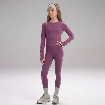 Tween-flickor aktivt tröjset i stickat, rundhalsad långärmad topp med tumhål + slim fit yogaleggings, tjockt gummiprint, nude-känsla, höst, gym, plomm - Rödviolett (7Y,8Y,9Y,10Y,11Y,12Y,13Y)
