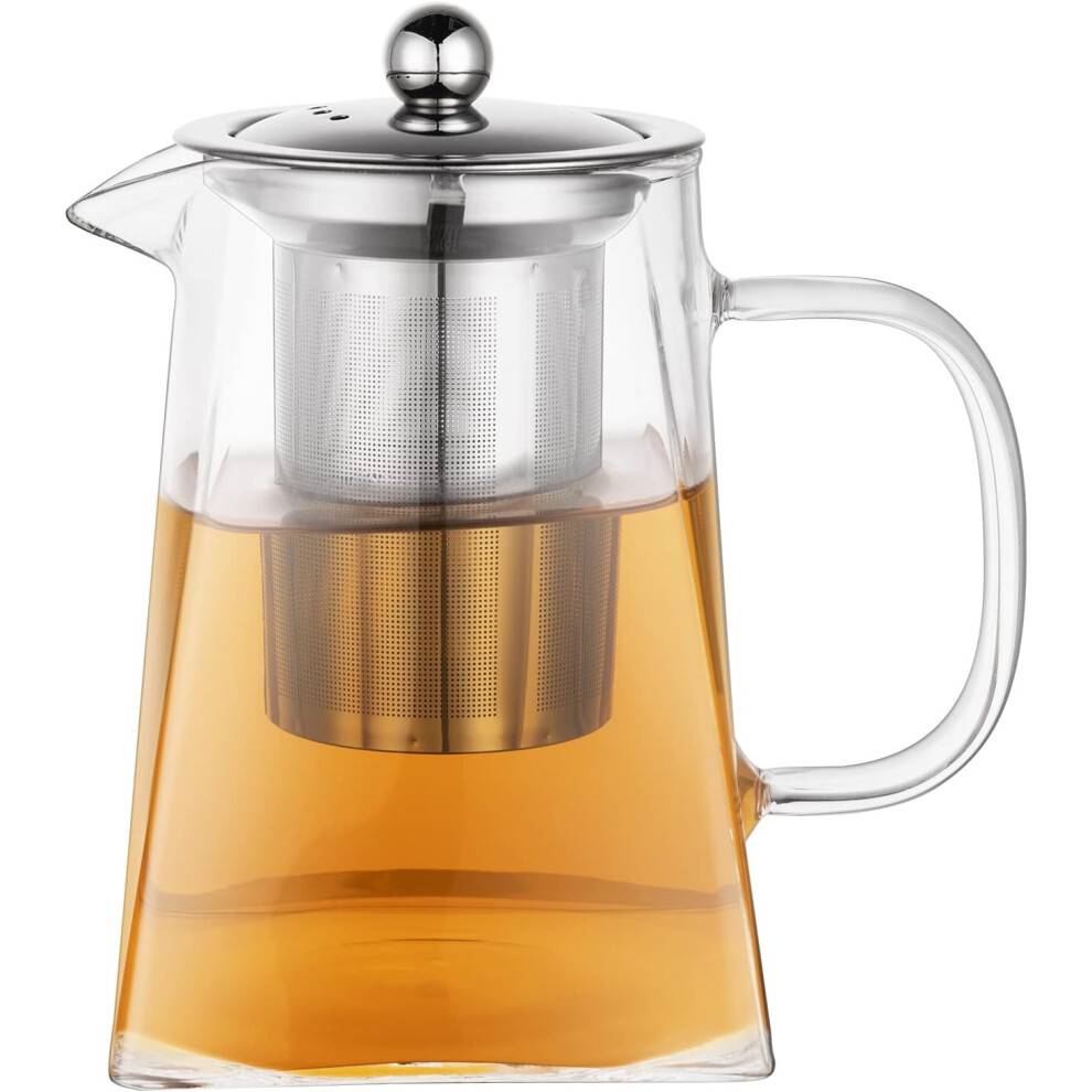 Krystalklar glaskande, holdbar borosilikatglas løsbladet temaskine med aftagelig rustfrit stål infuser til komfurbrygning, elegant firkantet