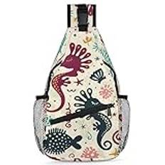 RIRIX Sjöhäst och fisk sling ryggsäck hav crossbody väska mångsidig crossbody väska resa vandring bröstväska vardaglig dag väska, Som visat, 7.9*3.5*14.2 inches