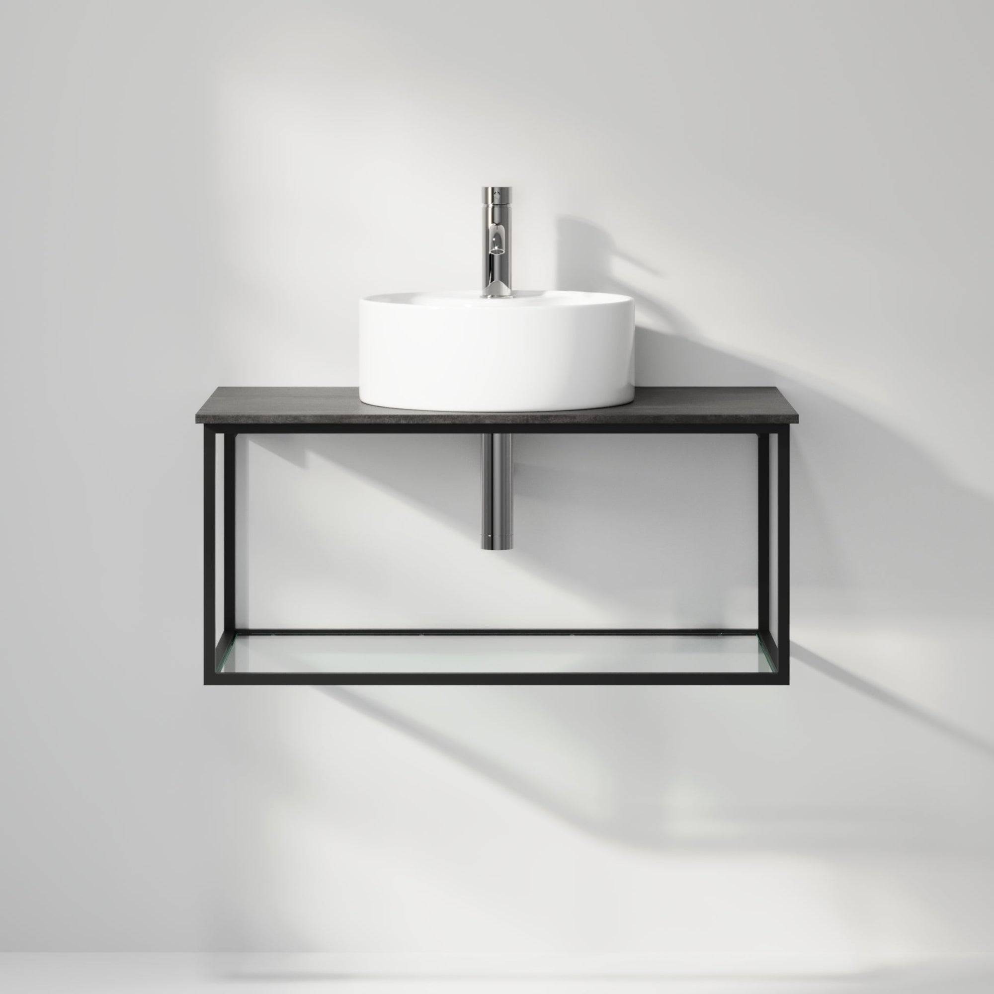 Badrumsmöbel med öppen metallram och botten i härdat glas - 80x46x50 cm - matt vit - vit fristående Porslin tvättställ - Bänkskiva i betonglook - Stenstorp