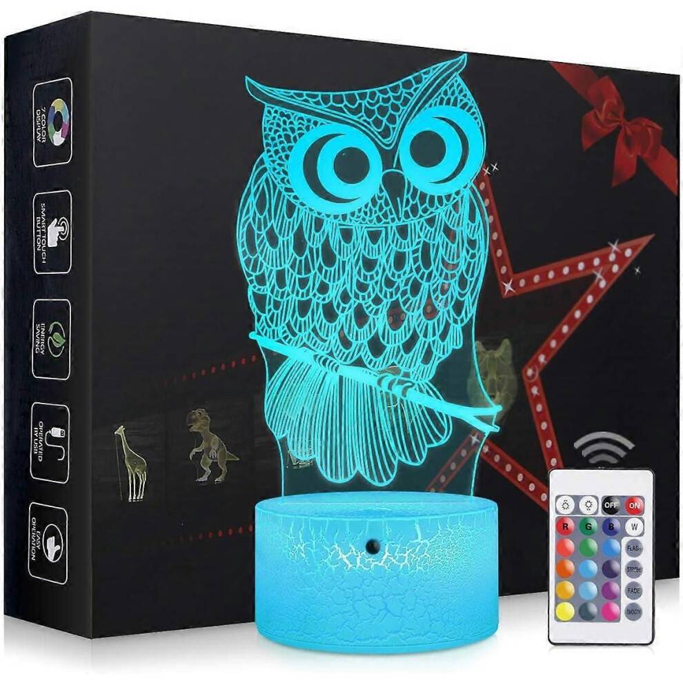 Owl Night Light, 3D sänglampor för barn, Rambordslampa, ögonblickslampor, pek- och fjärrkontroll