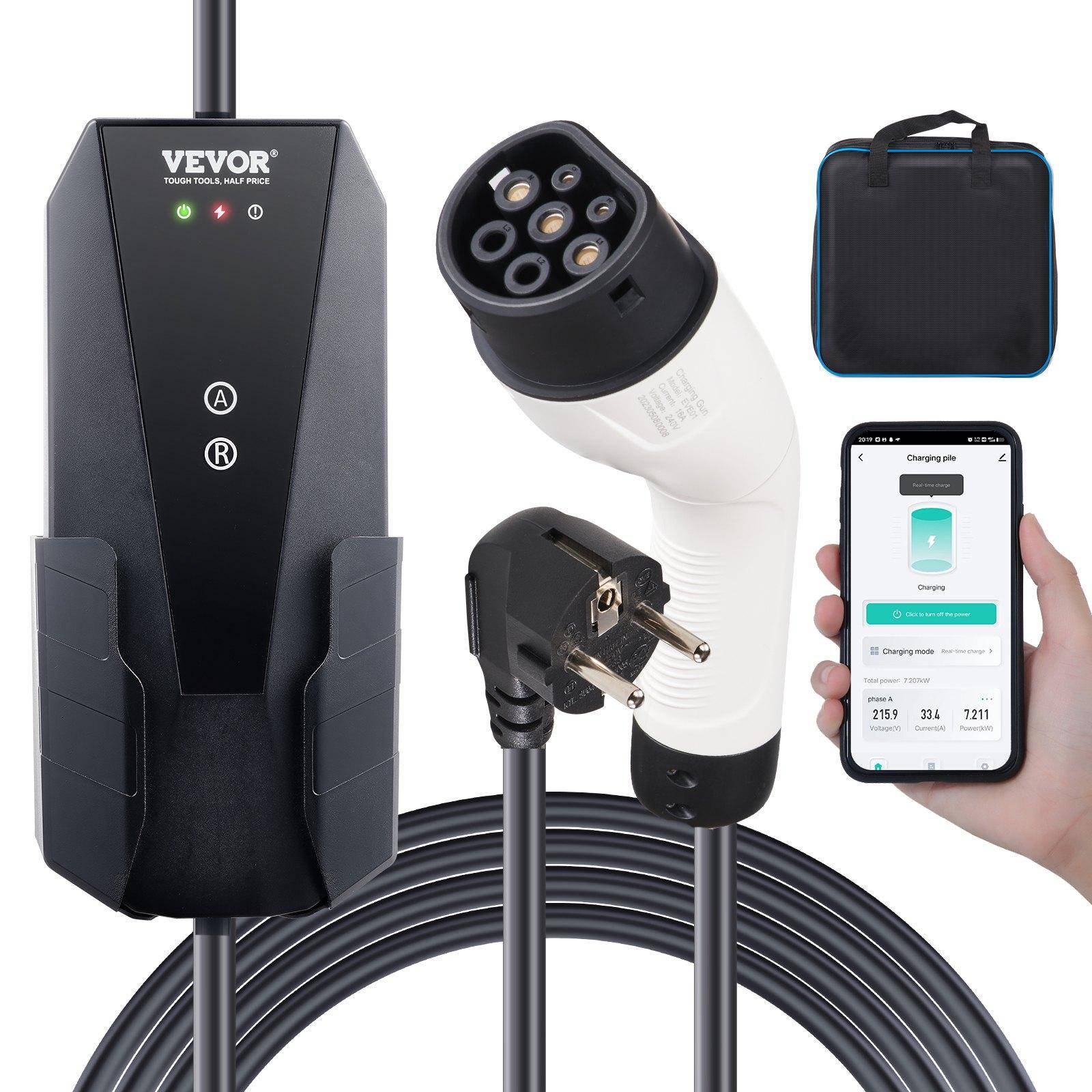 VEVOR Portable EV Charger Type 2, 16A 3.7 kW, Electric Vehicle Car Charger with 8.6m Charging Cable CEE 7/7 Plug