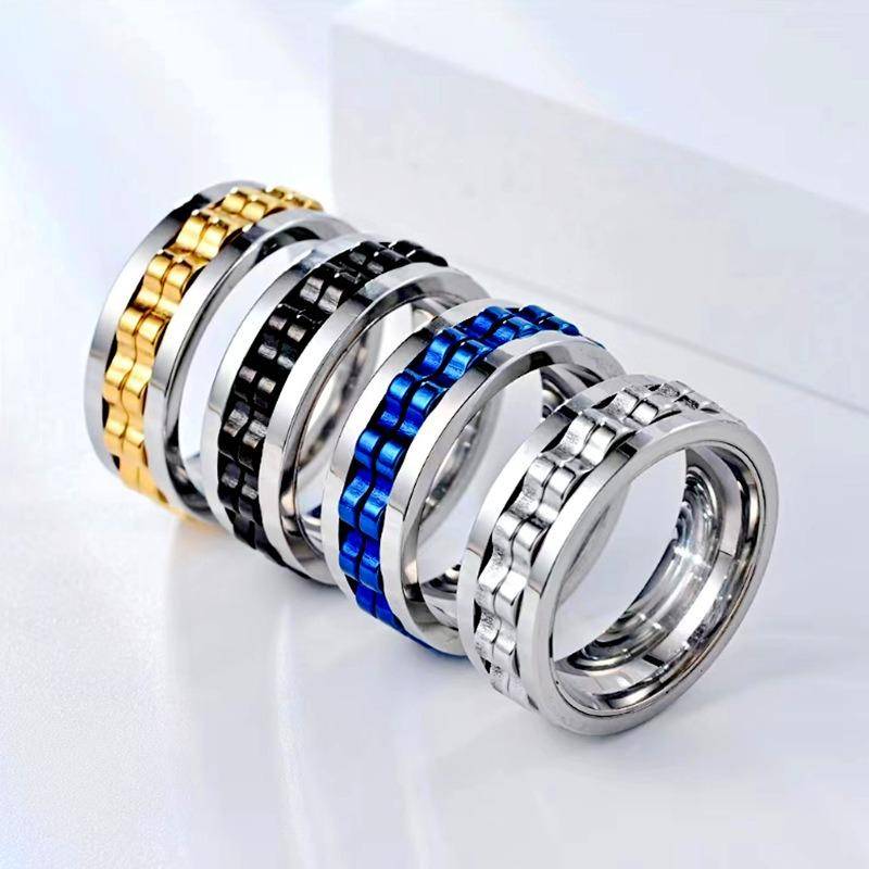 Anti-stress ring i rostfritt stål för män, kugghjuls-kedja, roterande, ångestlindrande, snurrande fidget-ringar, punk-smycken, stresslindrande leksak
