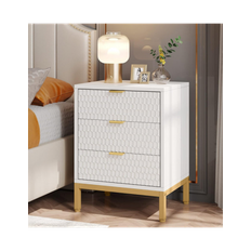 Sengebord med skuffer i metal og MDF H65,5 x B50 x D40 cm - Mat guld/Hvid