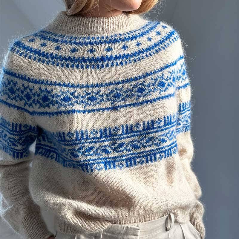 Strikkekit Porcelain Yoke Sweater i Tynd Peer Gynt og Tynd Silk Mohair - M-XL: 14 nøgler garn (5+2+5+2)