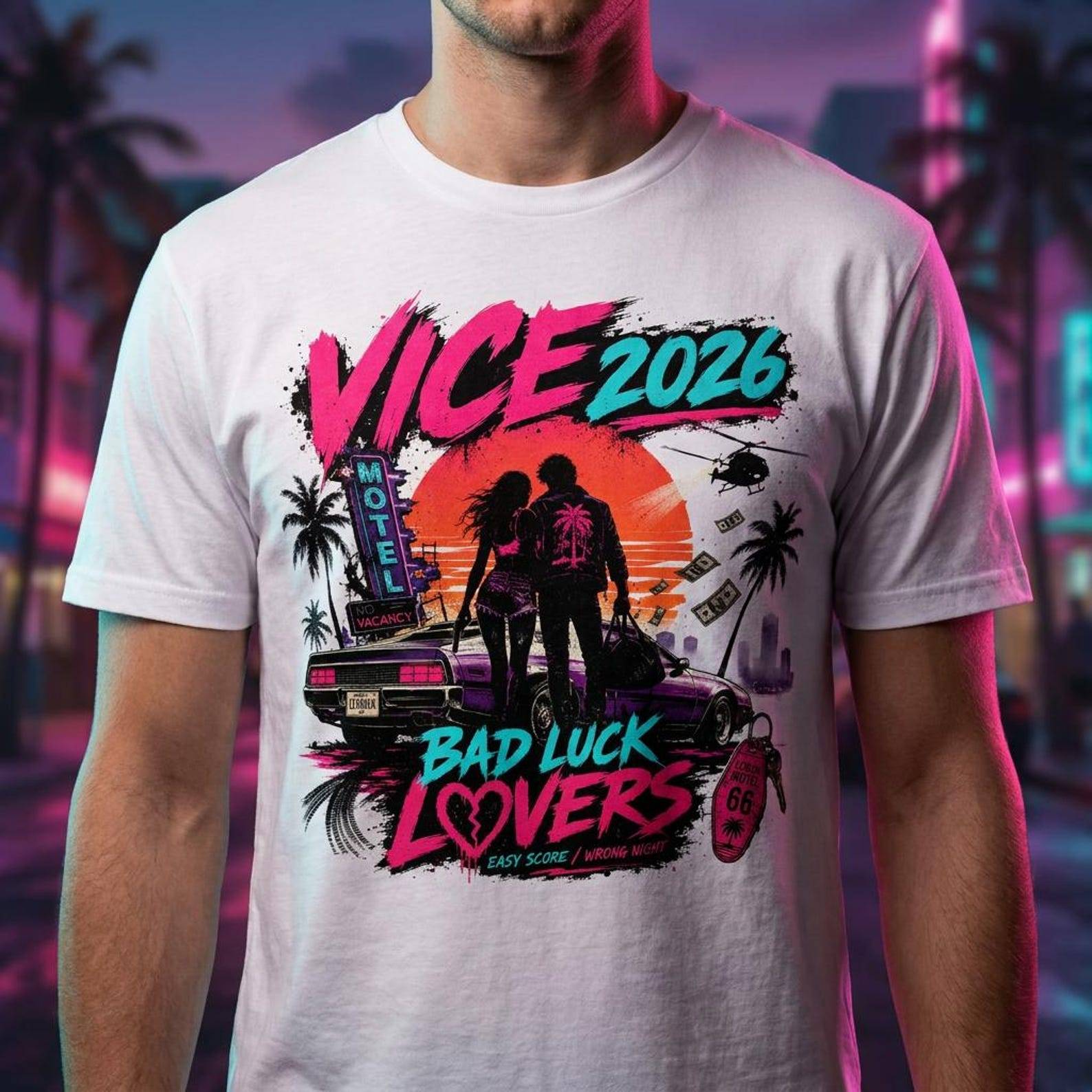 GTA 6 T-shirt, Retro Vice City Grafisk T-shirt, 80-tals Neon Noir TV-spelsgåva cm white