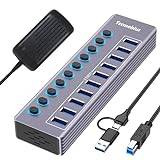 Tccmebius USB 3.0 Hub med 12V/3A Strömförsörjning, Aluminium 10 portar USB 3.0 Hub för 5Gbps Dataöverföring med Lysdiodindikator Och Individuell Strömbrytare, 2-i-1(USB A/C) Datakabel 100CM(TCC-T310U)
