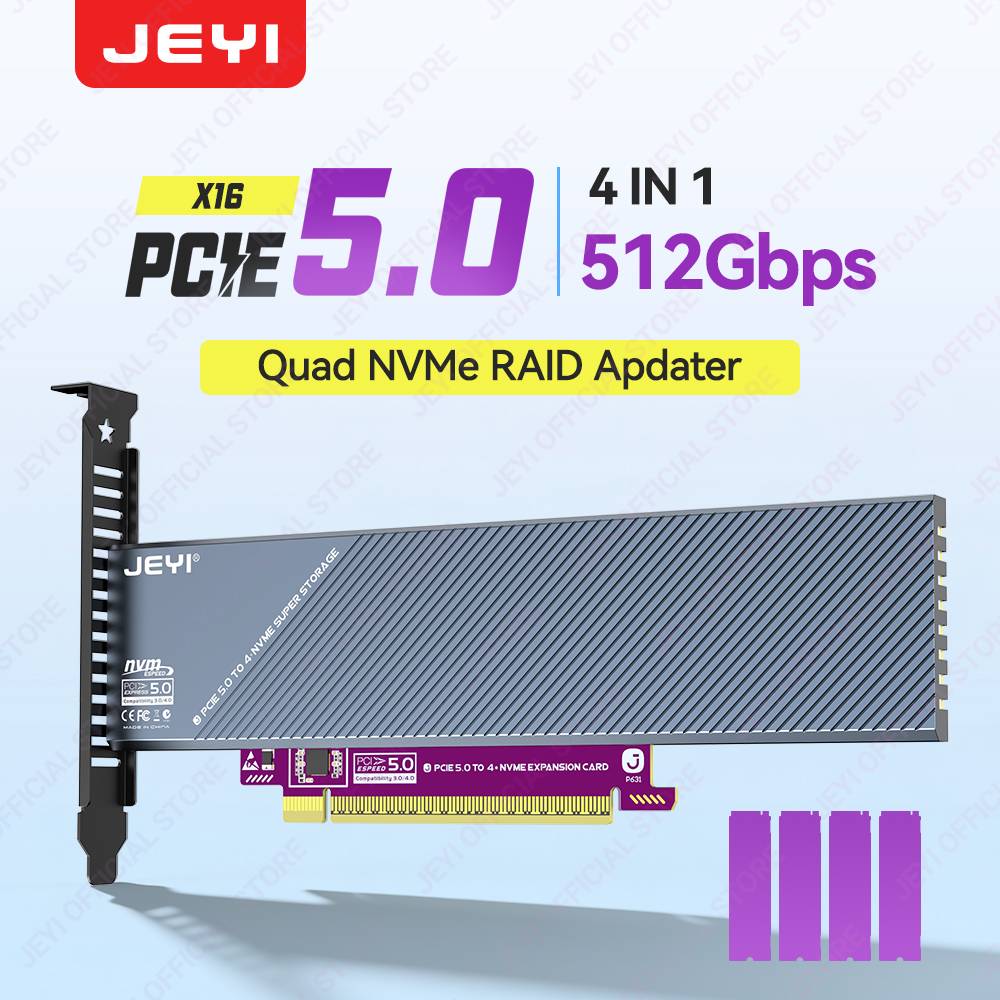 JEYI 4 Bay PCIe 5.0 X16 to M.2 NVMe Expansion Card 512Gbps 4-Slot NVMe RAID Card with PCIe 5.0/4.0 Support Aluminum Casing Cool