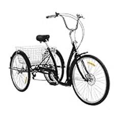 Lousriyy Trehjuling för vuxna med inköpskorg 26 tum 3 hjul cykel vuxencykel seniorer Trike Cruise, 3-hjuls cyklar lastkapacitet 120 kg, tricycle cykelcyklar, svart