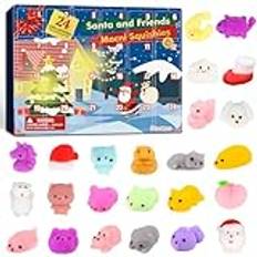 Mochi Squishy adventskalender 2024, mochi adventskalender squishy toys jul 24 dagar nedräkning kalender, 24 mochi squishies, mochi jultomte mochi presenter för pojkar flickor