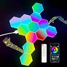 Hexagon LED-panel – RGB smart LED-panel lampor hexagon väggbelysning spelvägg ljus musik synkronisering ljuspaneler spelstämningsbelysning dekoration (12-pack)