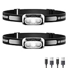 Pannlampa LED, 2 stycken lätta pannlampor, superljus USB uppladdningsbar vattentät strålkastare för utomhus camping, jogging, fiske, löpning, reparation, vandring, läsning