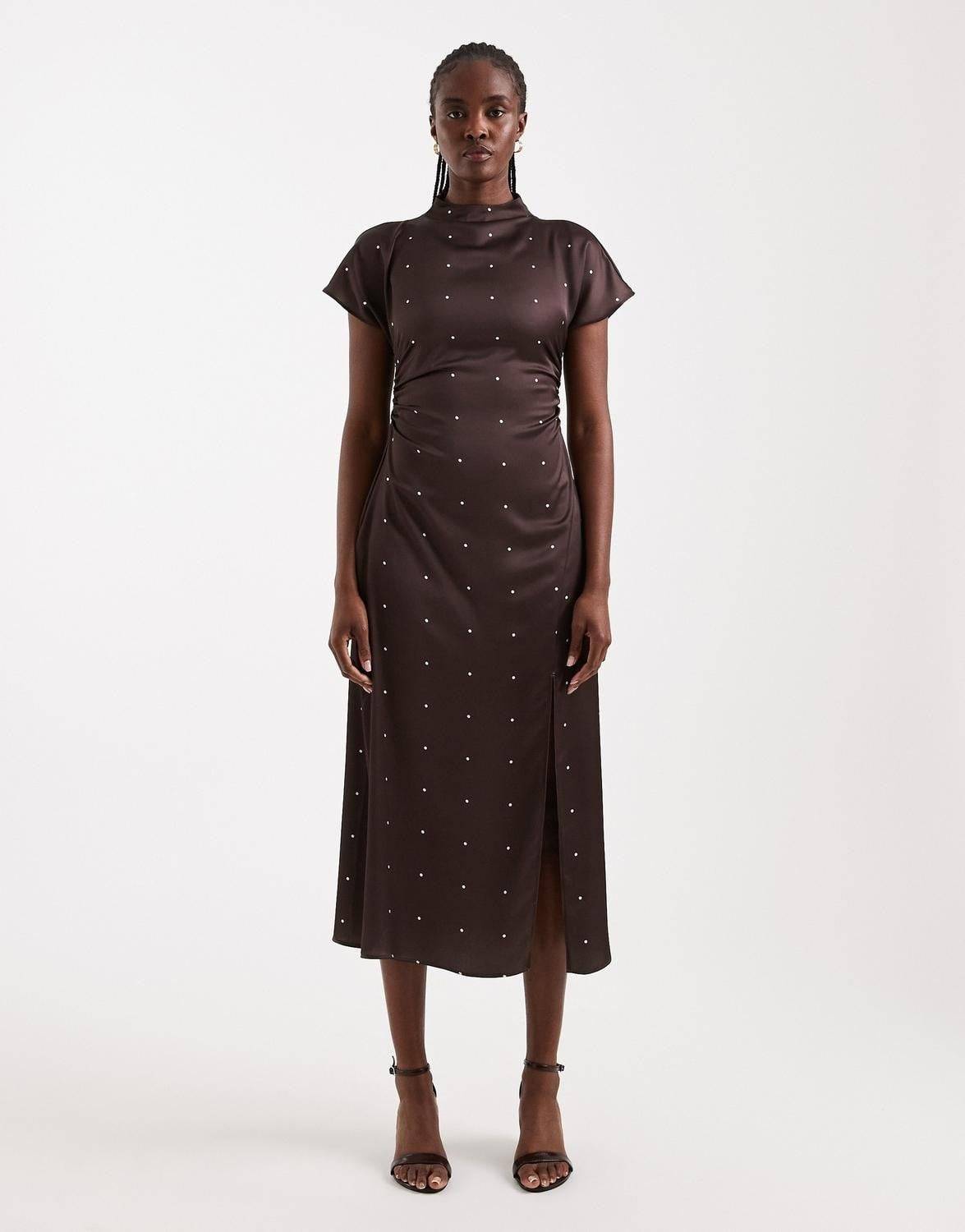 Topshop Tscecil Funnel Neck Satin Maxi Dres Kvinde Chocolate Brown Midi Kjoler Str 40 Satin - hos Magasin