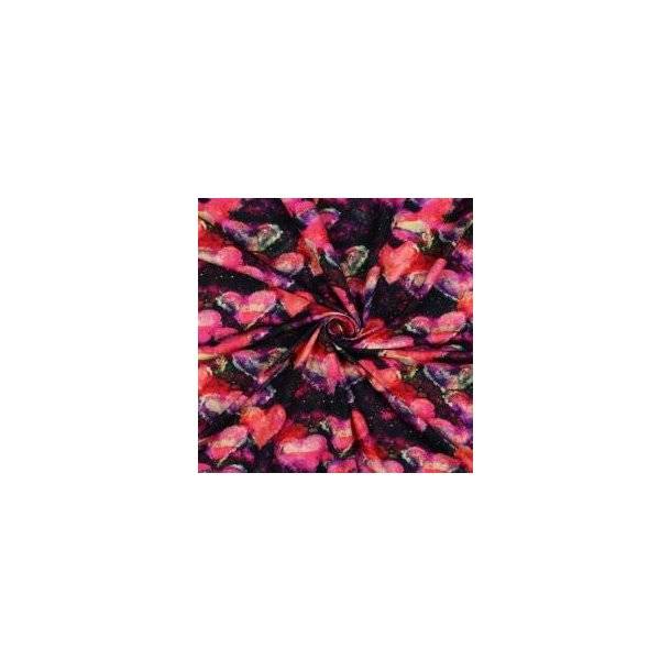 Økotex bomulds jersey Neon Hearts, Navy/coral