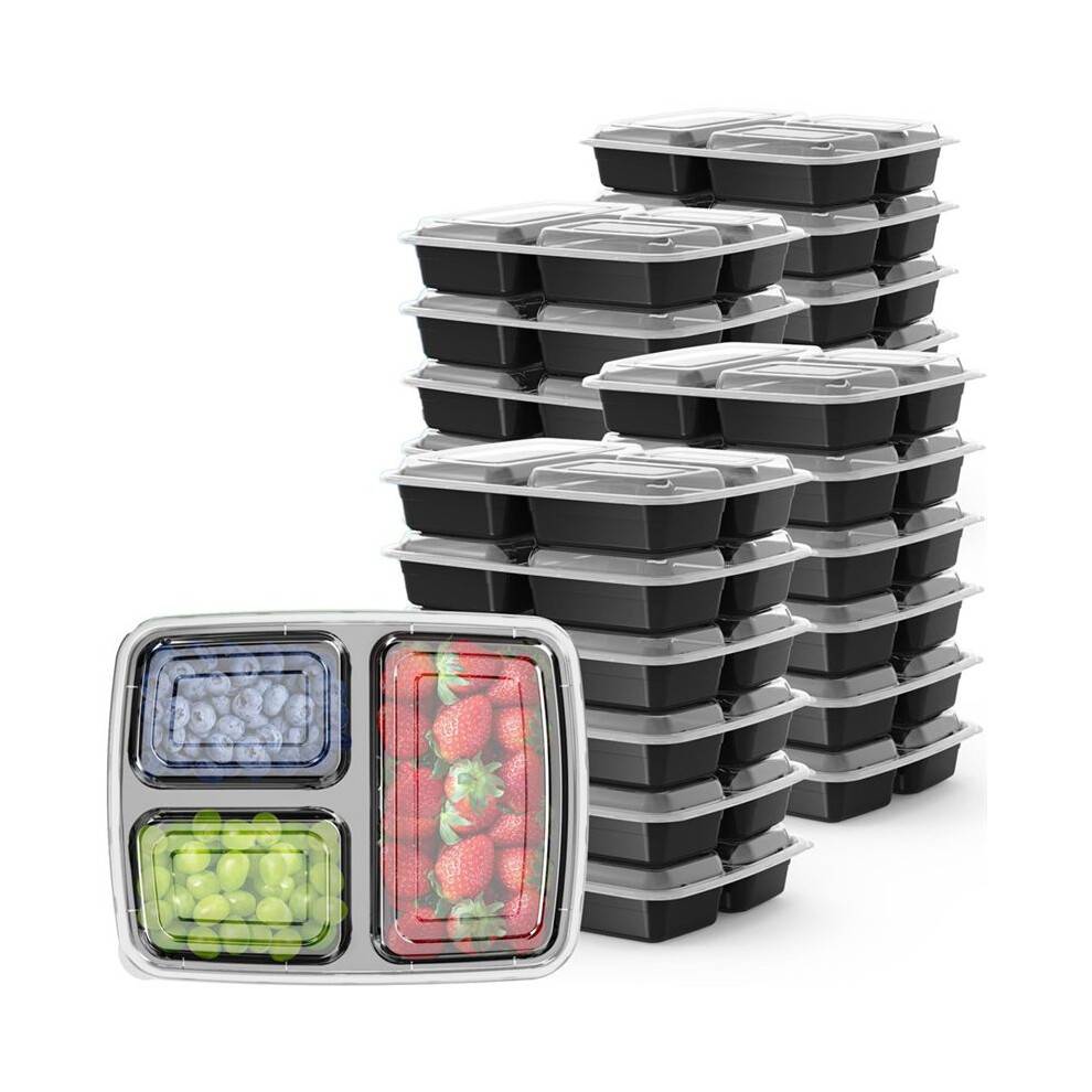 50 Pack 32 Oz Meal Prep Containers Reusable with Lids 3-Compartment, to Go Take Out Plastic Food Storage Containers
