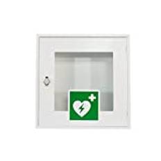 Härvid universellt AED-metallskåp (tomt) 40 x 40 x 20 cm med visningsfönster för defibrillator, utan larm, dörrlås kan låsas med hänglås eller förseglas för inomhusbruk