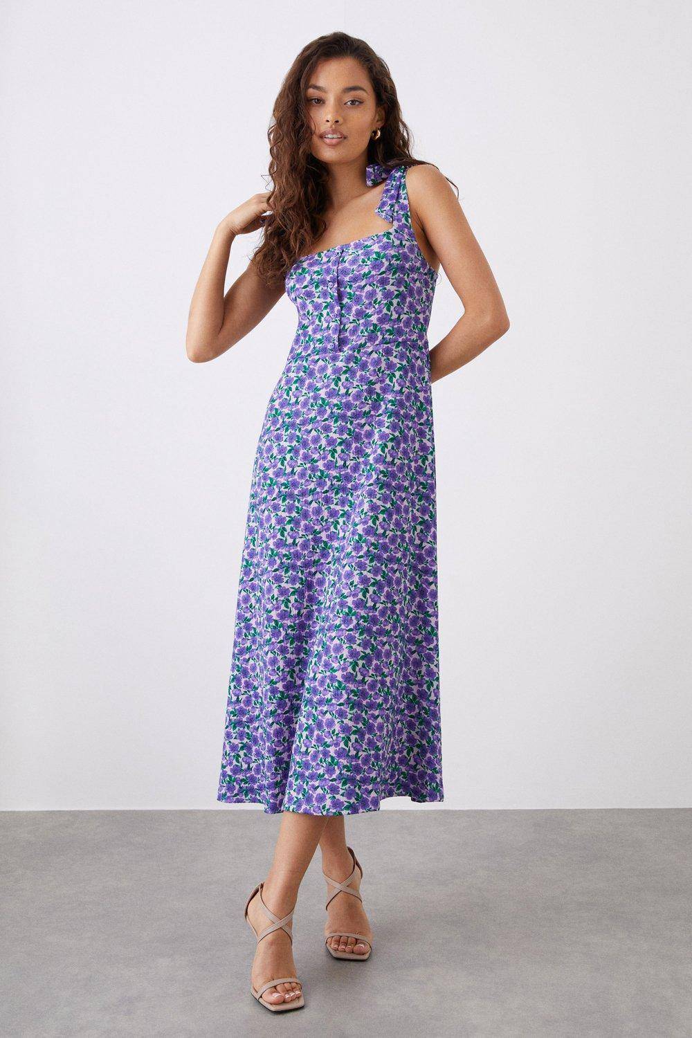 Petite Floral Button Front Tie Shoulder Jersey Midi Dress, lilac