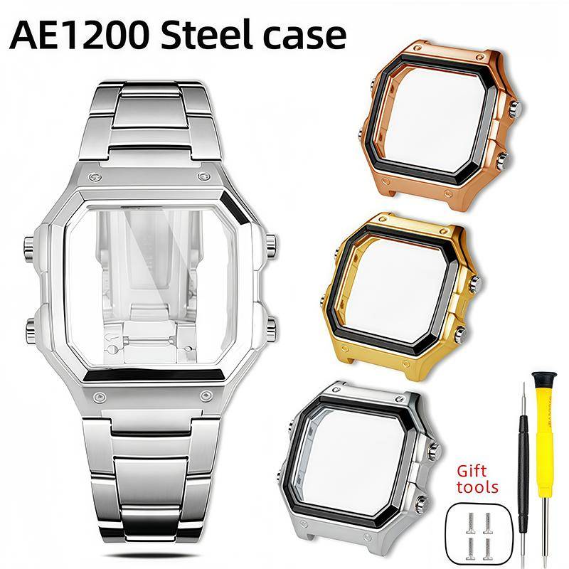 Mod-kit AE1200-fodral för Casio 3299 AE-1200 AE-1300 rostfritt stål-bezel metallband Armband spegel vattentät ring skruvar Delar