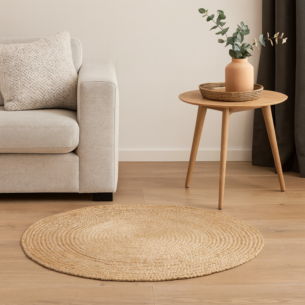 Skønt alsidigt og slidstærkt rundt tæppe i natur jute - vælg størrelse! Ø90 cm.