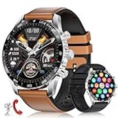 Smartwatch herr 1,43 tum AMOLED, ring eller svar samtal och röstassistent, 15 dagars batteritid, 24H pulsmätare, 124 lägen Sportifs smartwatch för Android iOS, brun