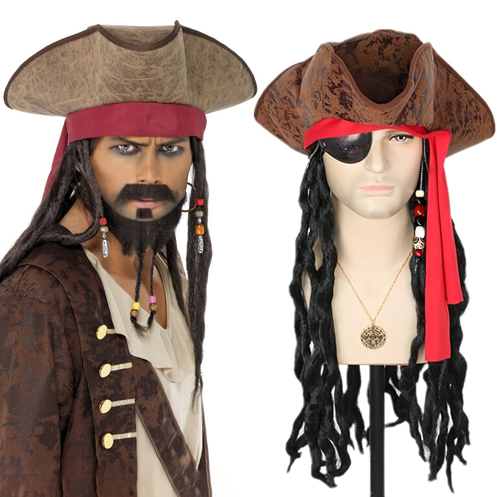 Pirate Wig Hat With Braids Eye Patch Earring Pirate Cosplay Party Halloween Wig Male Dreadlock Braided Wig For Man