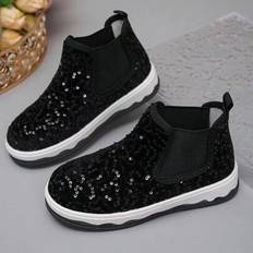 1 par höst/vinter mode glitter chelsea korta stövlar för flickor, elastiska slip-on bekväma platta barnstövlar - Svart (EUR34,EUR35,EUR36,EUR24,EUR25,EUR26,EUR27,EUR28,EUR29,EUR30,EUR31,EUR32,EUR33)