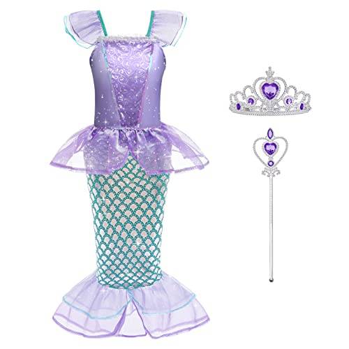 ACWOO Små flickor Sjöjungfrukostym, Prinsess Sjöjungfrukostym Set med tillbehör, Sjöjungfru Fancy Dress Up Prinsessan Ariel Sjöjungfru Glitter Flickdräkt för Halloween Cosplay Carnival Födelsedag (130cm)