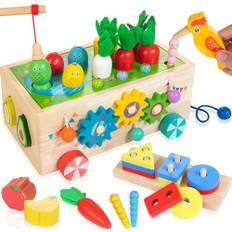 JUSTWOOD 8-i-1 trä lastbil leksaksset, Montessori pedagogisk leksak sortering & staplingsleksak formspel fiskespel hackspett fångst maskar labyrint kugghjul pärlor, gåva för barn i åldern 1 2 3 4