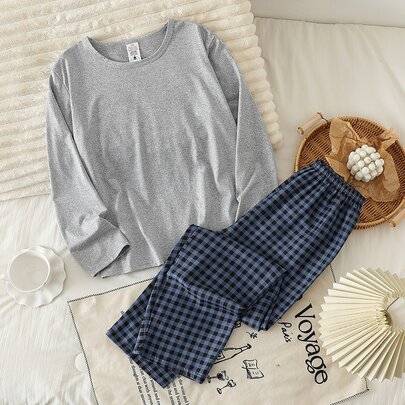 4-delat loungewear-set för flickor med enkel modig topp med bokstavstryck och långa ärmar + rutiga långbyxor - Grå (8Y,9Y,10Y,11Y,12Y)