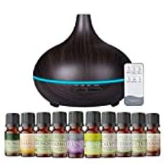 MEVA Essential Oil Diffuser, luftfuktare med ultraljud, 400ml för aromaterapi. Har 7 LED-färger och kommer med en fjärrkontroll samt 10 olika eteriska oljor. Produkten har en yta av enträ. (Mörkt trä)