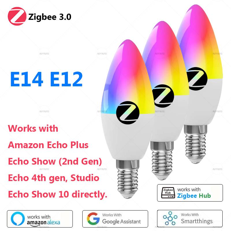 E12 E14 Base Zigbee Smart Candle Bulb Lamps Led RGB Light 110 220V Led RGBCW Voice Control Works With Alexa Echo Plus Show 10