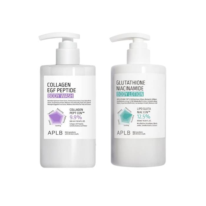 APLB - Glutathione Niacinamide Body Lotion - 300ml (1ea) & Collagen EGF Peptide Body Wash - 300ml (1ea) Set - black