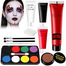 Halloween Makeup sminkset – konstblod halloween makeup vuxna barn, teatersmink vampyr ärr sår med ansiktsmålning (svart, vit, röd) + blod narvvax + latexmjölk + palett med 8 färger