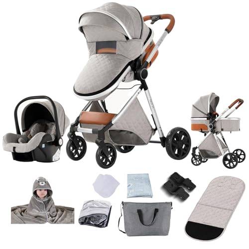 Prokoke Barnvagn 3-i-1, barnvagn set med ett klick vikbar, kombibarnvagn 3-i-1 med vändbar tvåvägs dragkraft, buggy ram aluminiumlegering baby småbarn nyfödda (225 ljusgrå)