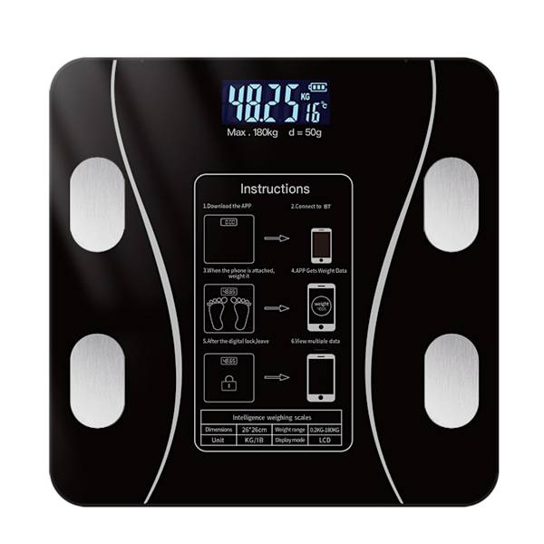 Smart Body Scale kompatibelt med Type-C laddning Bluetooth 4.0+ LCD Bakgrundsbelyst 0.2-180kg Räckvidd Black