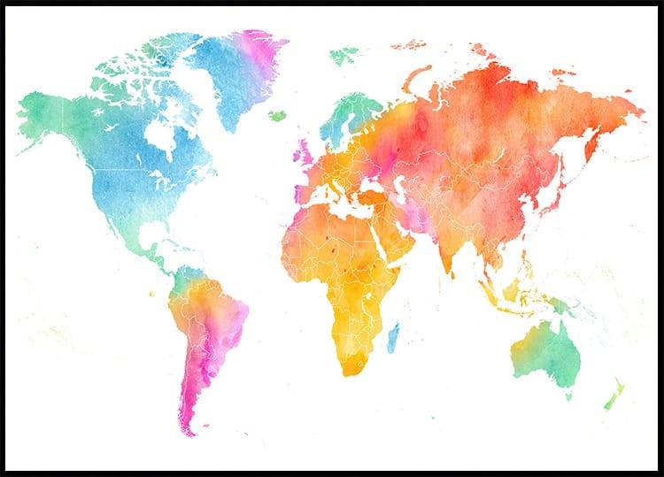 Multicolor Watercolor World Map Poster (40x50cm) - Plakater > Barnväggskonst, Maps