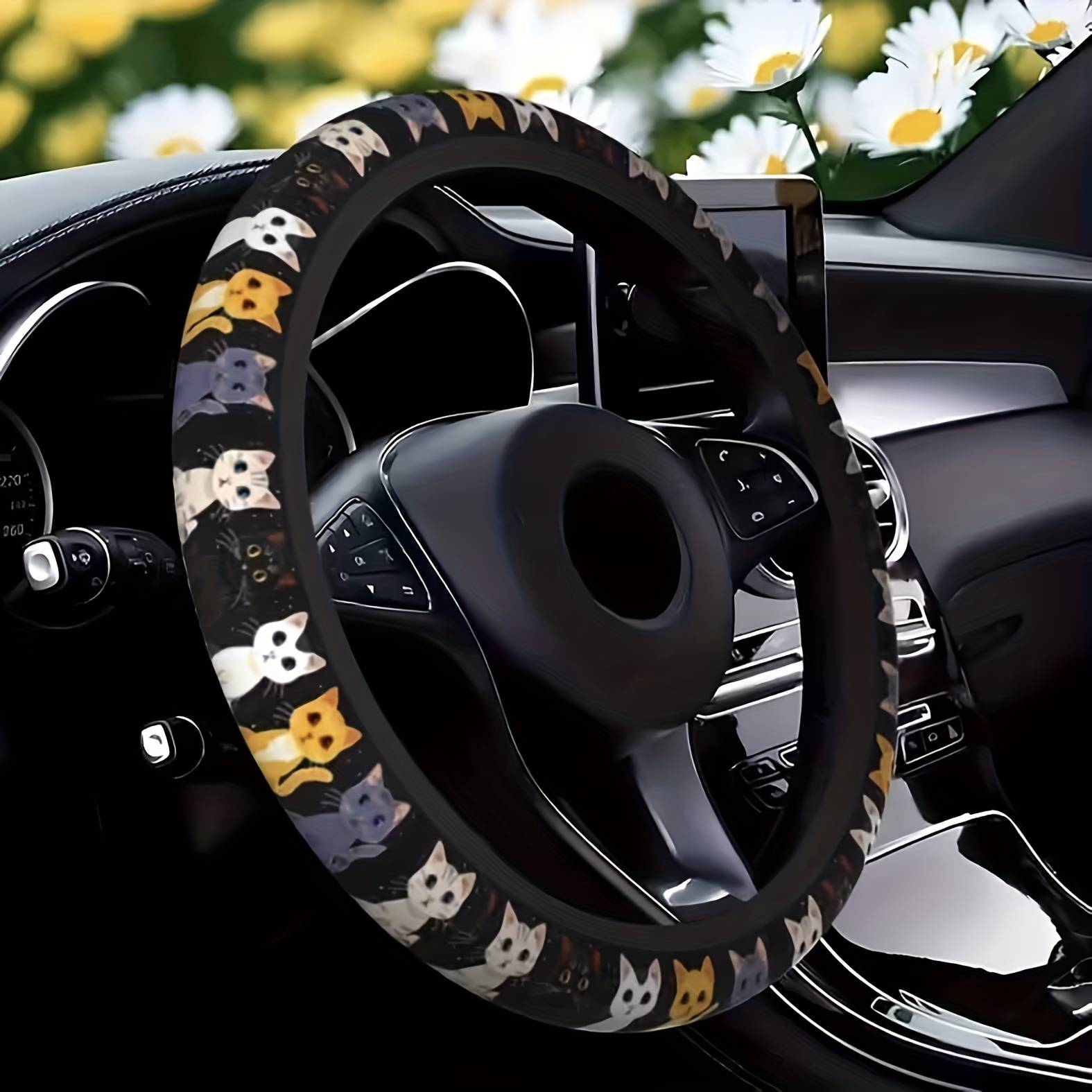 TEMU 1pc Cute Cat Print Elastic 15-inch Non-slip Universal Car Steering Wheel Cover