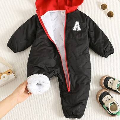 Unisex baby- och småbarnsoverall för pojke/flicka, termofodrad tjock casual söt colorblock patchwork huva, vinterjumpsuit för baby, jul - Röd (6-9M,9-12M,12-18M,18-24M,2-3Y,0-1M,1-3M,3-6M)