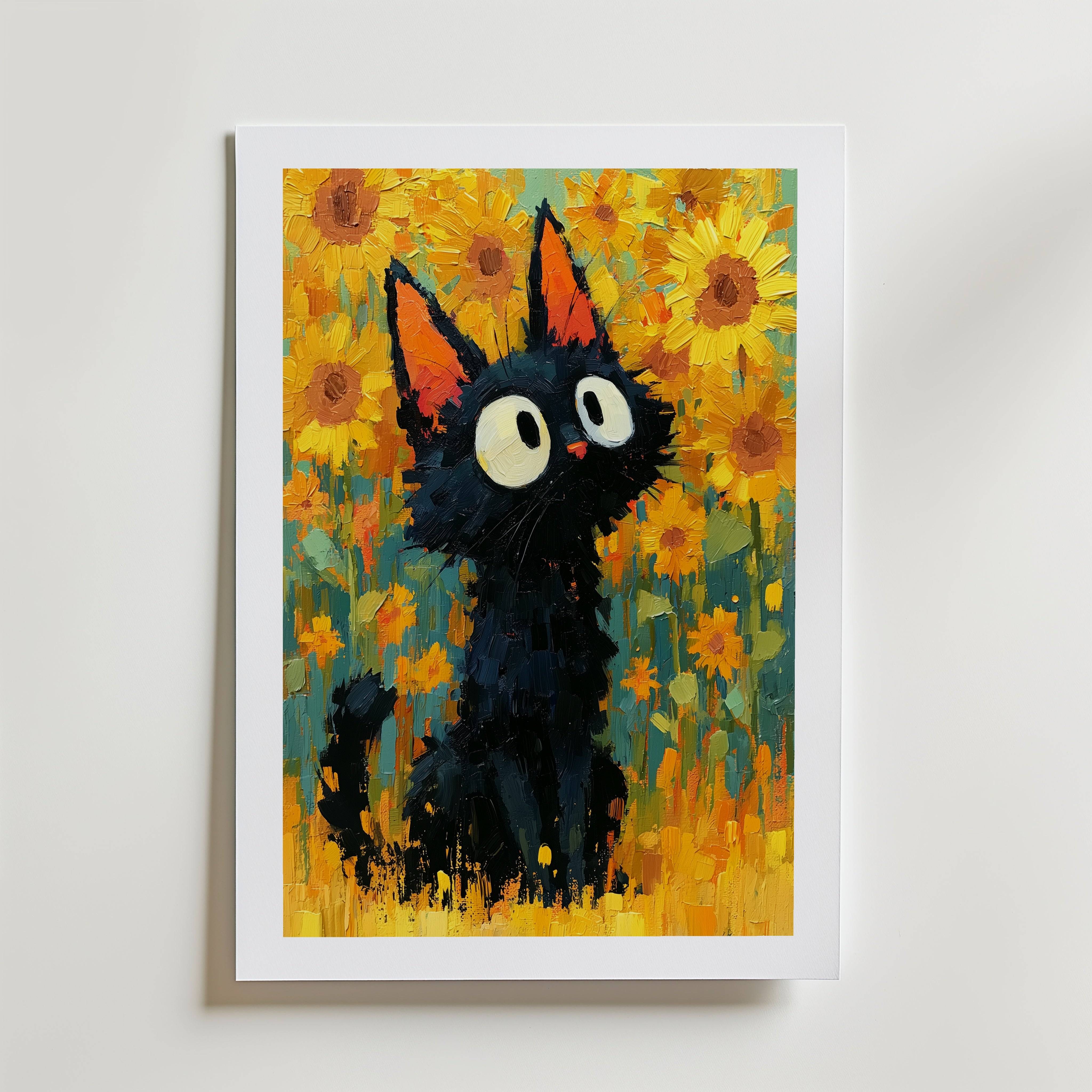 Cat in Sunflower Poster - Fine Art Poster 40x50 cm Med passepartout