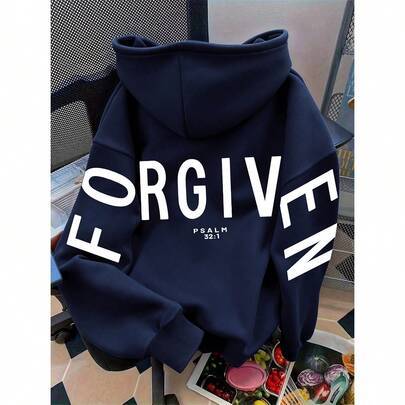 FORGIVEN PSALM Bibeln Kristna Jesus Bön Grafisk Mysig Sweatshirt Höst och Vinter för Kvinnor, Långärmad med Ficka Lätt Droppad Axel Casual Huva Sweats - Marinblå (L,M,S,XL,XS,XXL)