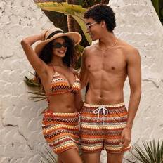 1 st. herr geometriskt tryck dragsko midja lösa strandshorts par matchande badkläder semester, hawaii - Multifärgad (L,M,S,XL,XXL)