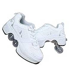 ScificWom Roller Skates rullskridskoskor, 2-i-1 multifunktionella skor med hjul, Kick Roller Shoes, rullskridskoskor, justerbara skor med fyra hjul, skridskoskor, silvervit 38