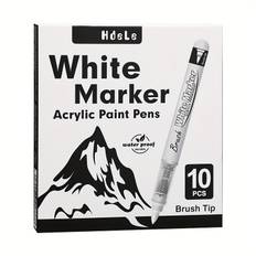 TEMU 10-pack White Acrylic Paint Marker Pens, Brush Tip, High Pigment, Odorless, For Rock, Wood, Plastic, Fabric, Diy Crafts, Office & School Supplies, Ideal Christmas Gift