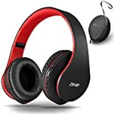 ZIHNIC Bluetooth Over Ear-hörlurar, trådlösa fällbara stereoheadset, trådlösa ljudisoleringhörlurar med inbyggd mikrofon Micro SD/TF FM, on-ear hörlurar för telefoner/paddor/PC (svart röd)