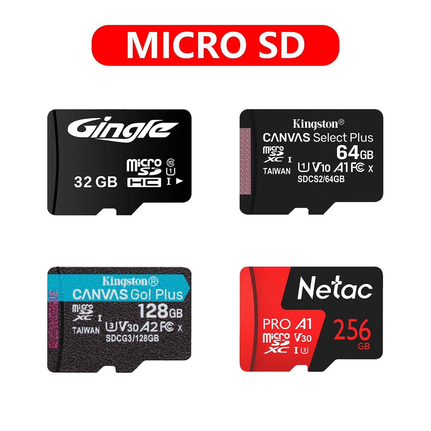 Micro SD-kort SD TF-kort Minneskort Klass 10 32G 128G 256G 512G microSD A1 A2 U3 V30 UHS-1 C10 SDHC SDXC + kortläsare SD-adapter
