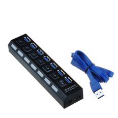 7-Ports USB 3.0 Hi-Speed Hub. Med On/Off knapper. Sort.