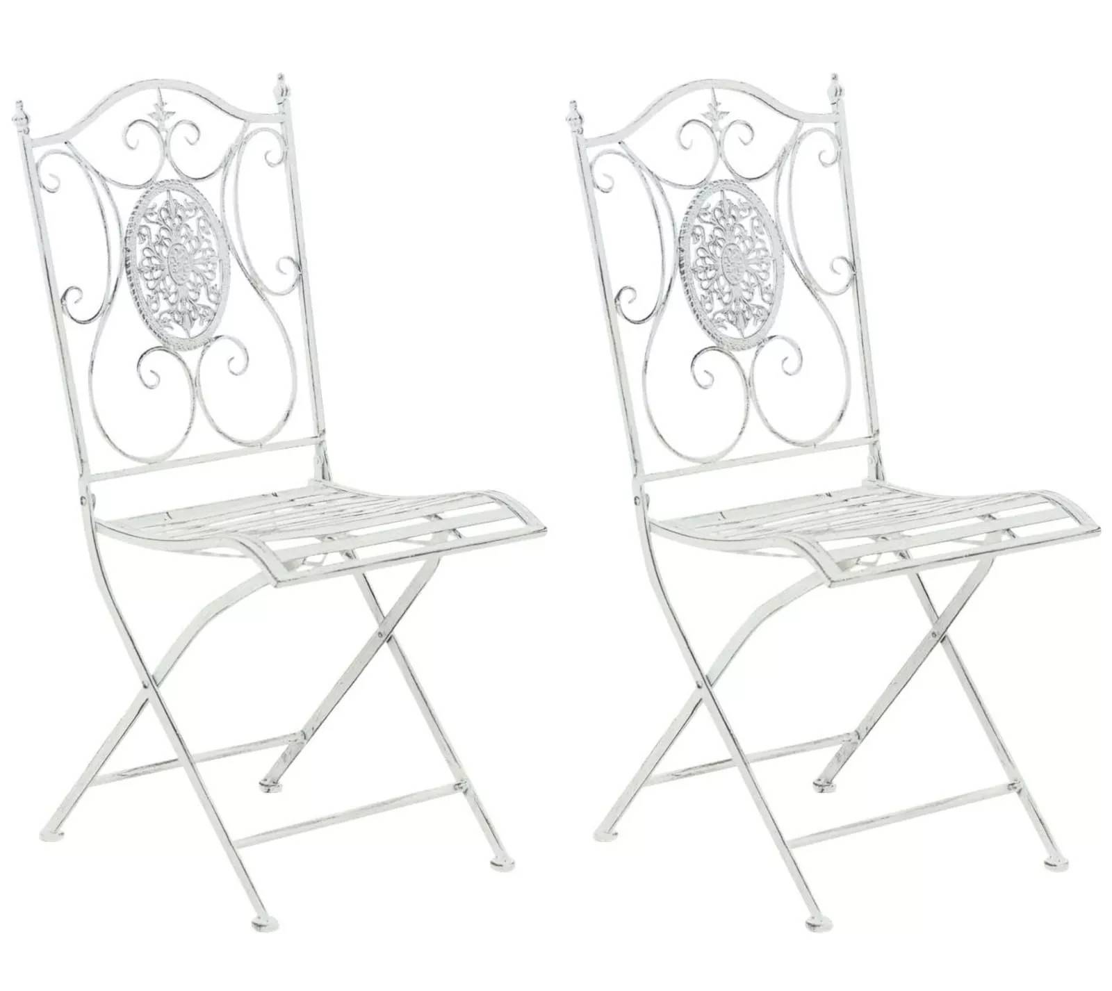 Sæt med 2 Sibell Foldbare Havestole, Antikhvid Metal med Håndlavet Nostalgisk Flair, Pladsbesparende Design