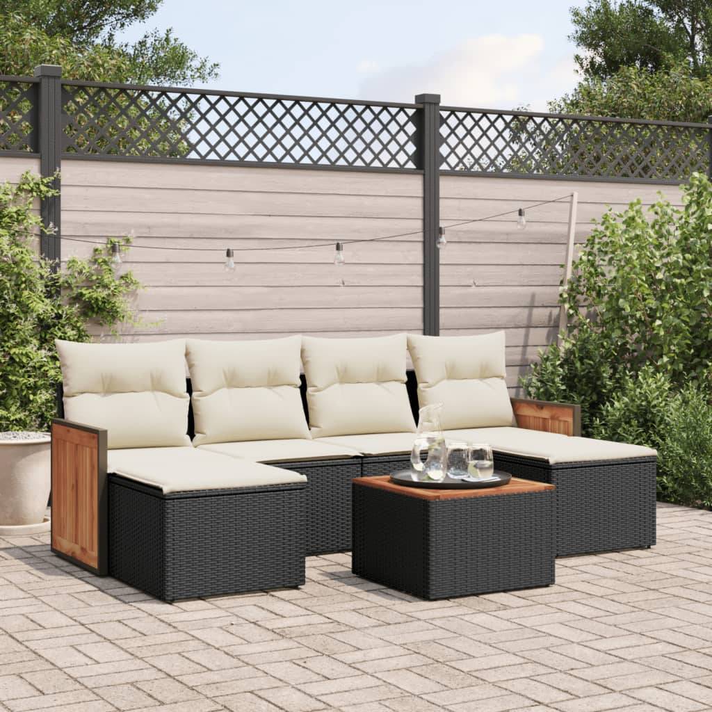 Sofasæt Til Haven 6 Dele Med Hynder Polyrattan - Sort og cremefarvet / Med bord