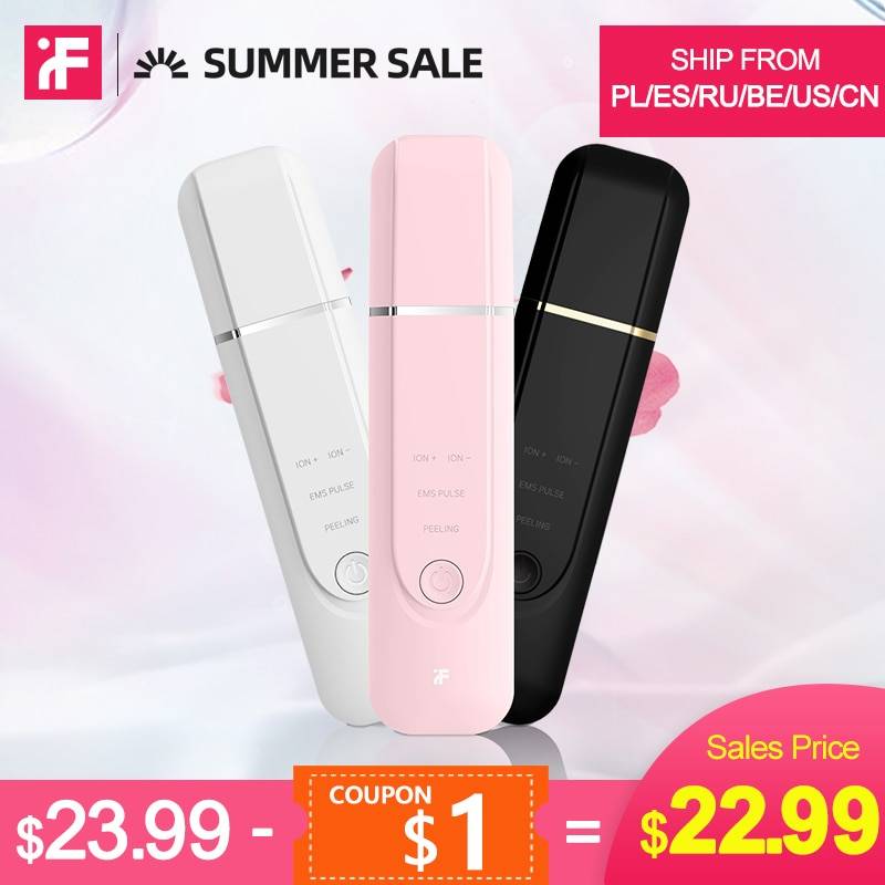 Inface ultraljud jon rengöringsinstrument massage hudskrubber peeling spade rengöringsmedel - Rosa