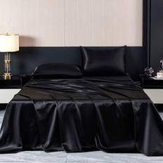 4Pcs Black Premium Plain Silky Satin Sheet Set Bedding Set, 1pc Fitted Sheet & 1pc Flat Sheet& 2pcs Pillowcase Bedding Mattress Protector Set (Not Inc - Black - Multi-size